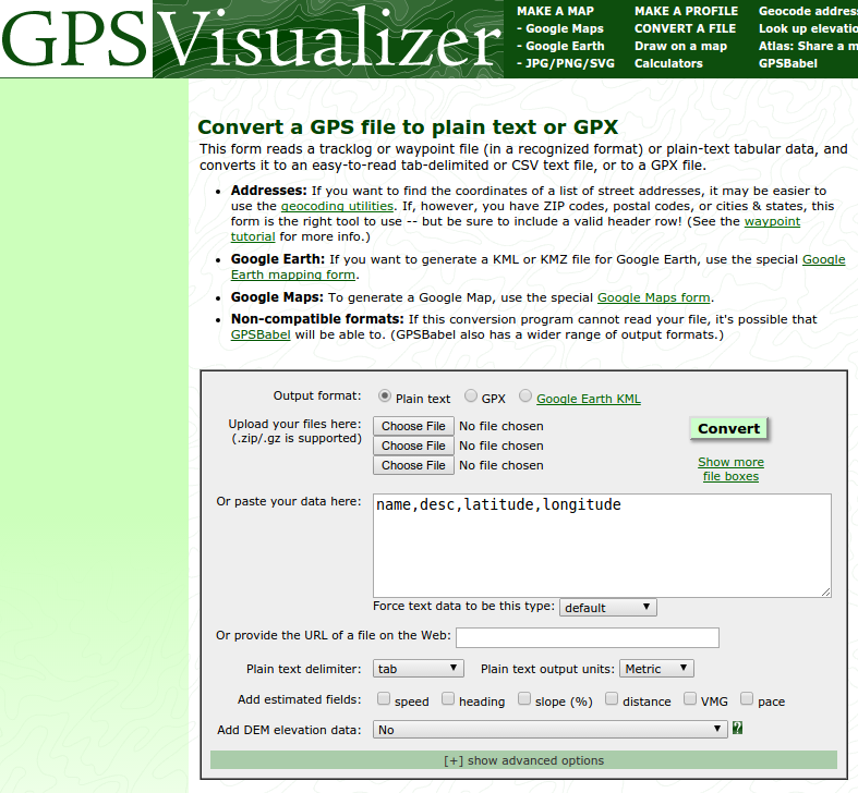 GPSVisualizer website (screenshot)